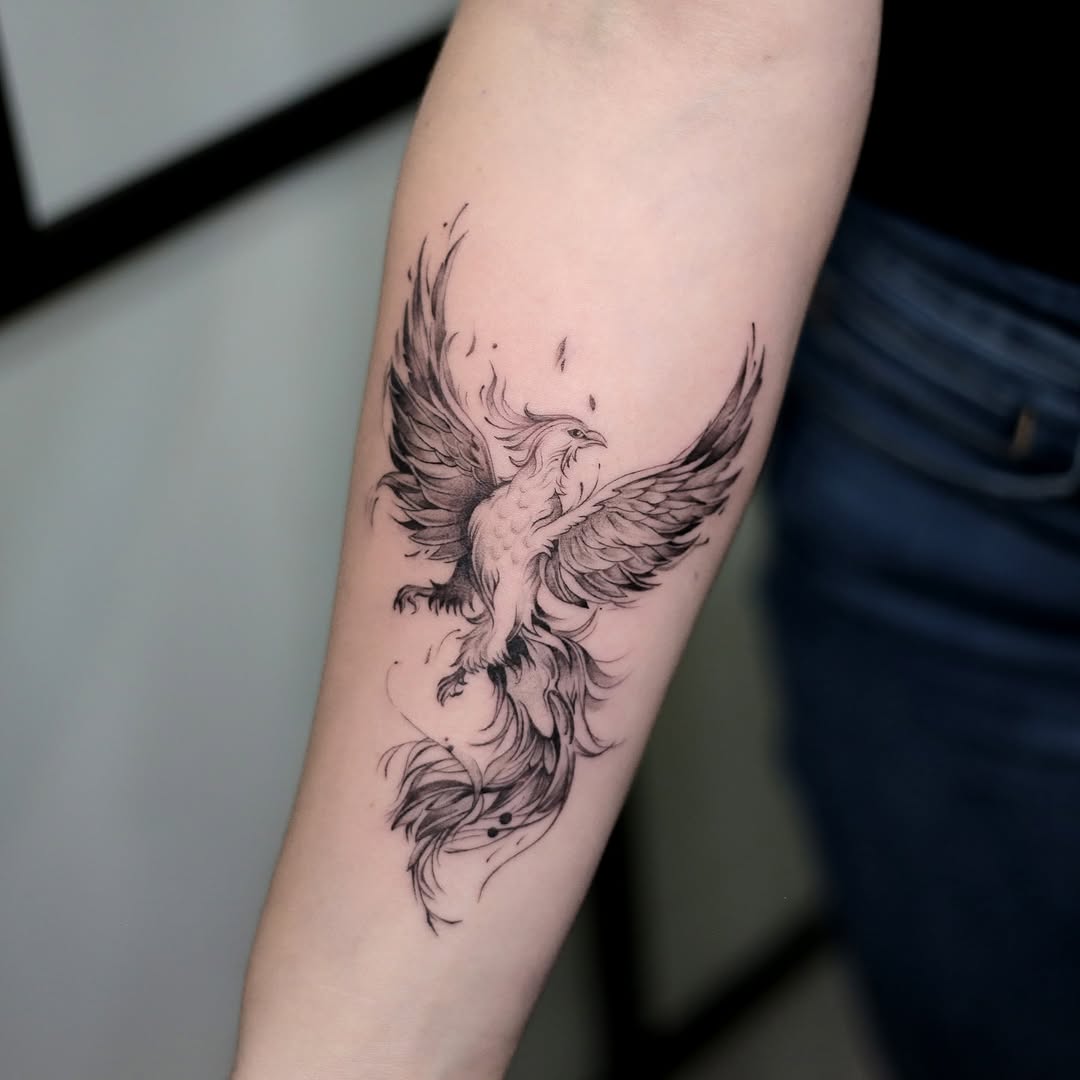 Stunning black phoenix tattoo on forearm