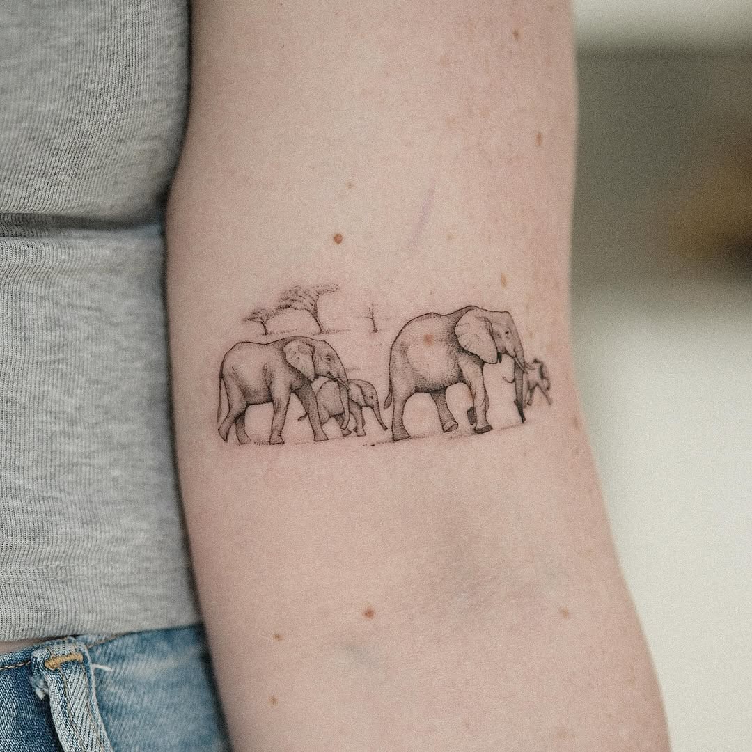 Elegant Line Art of an Elephant Family