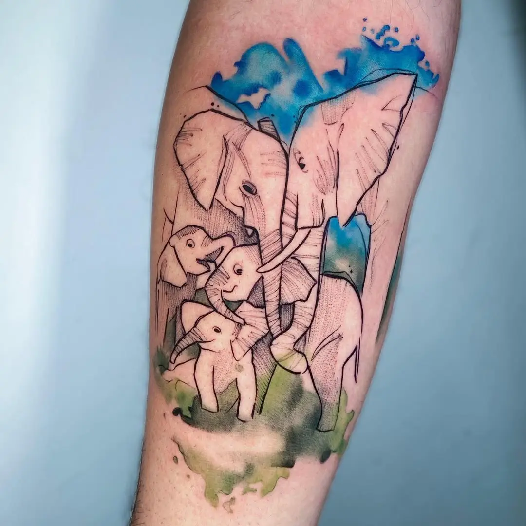 A beautiful family of watercolor elephants