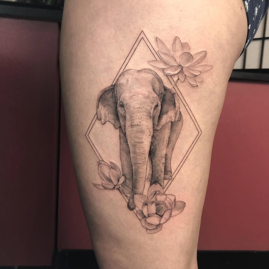 Intricate Elephant Tattoo With Lotus Accents