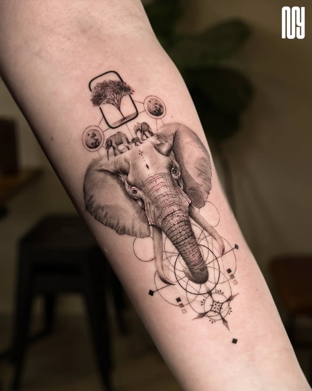 Elegant elephant tattoo featuring a mystical design