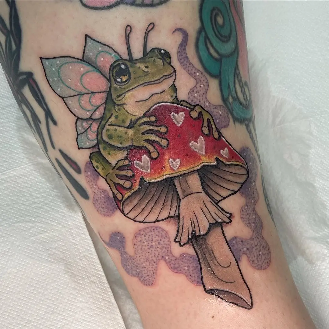 Whimsical frog on mushroom with fairy wings