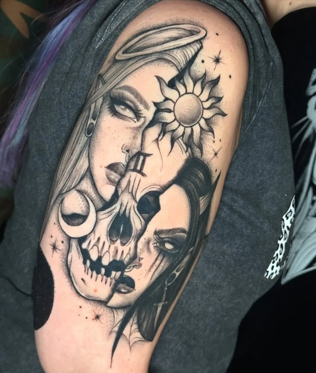 Intricate Gemini tattoo blending celestial and mortal themes