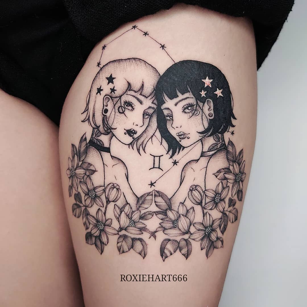 Artistic Gemini Tattoo with Dual Faces and Flowers