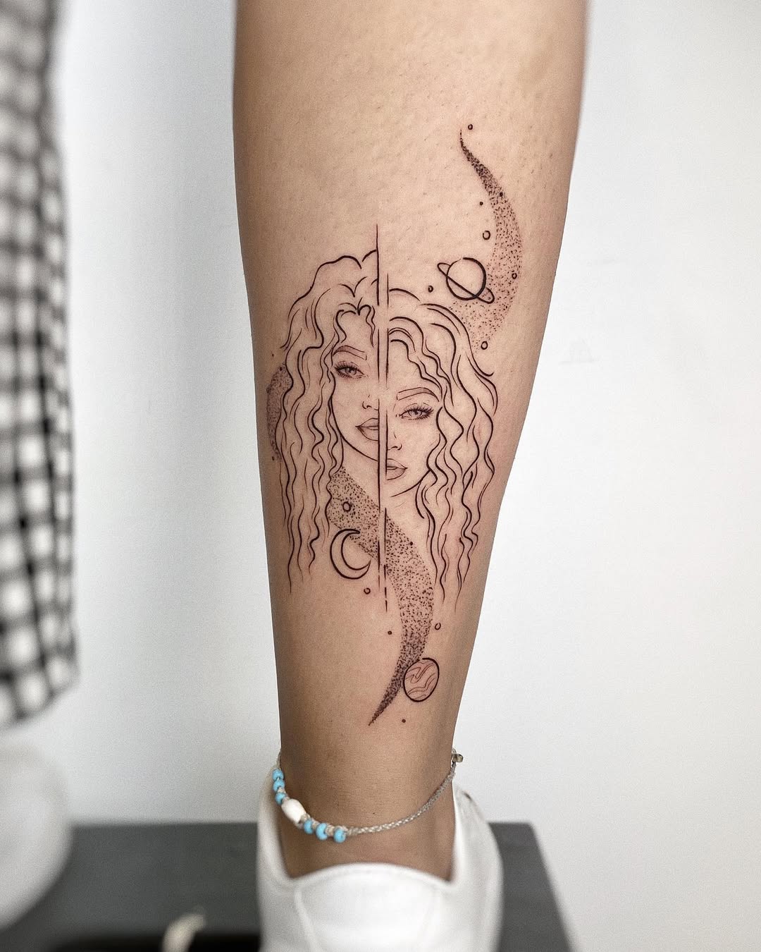 Feminine Gemini Tattoo with Cosmic Elements