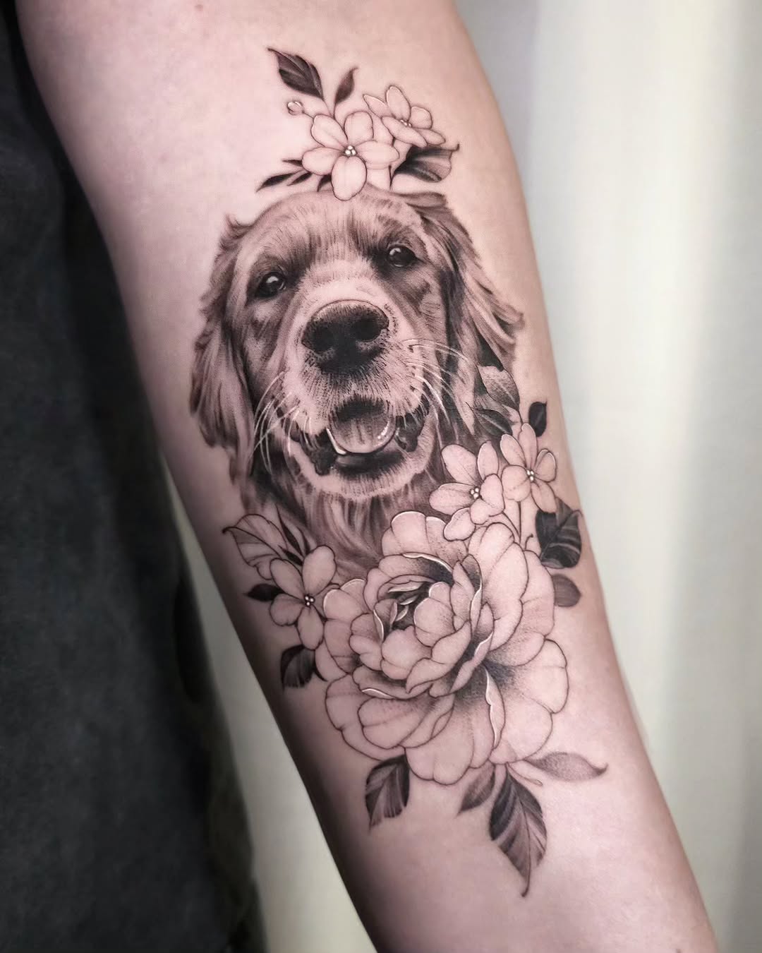 Stunning Golden Retriever Flower Tattoo Design