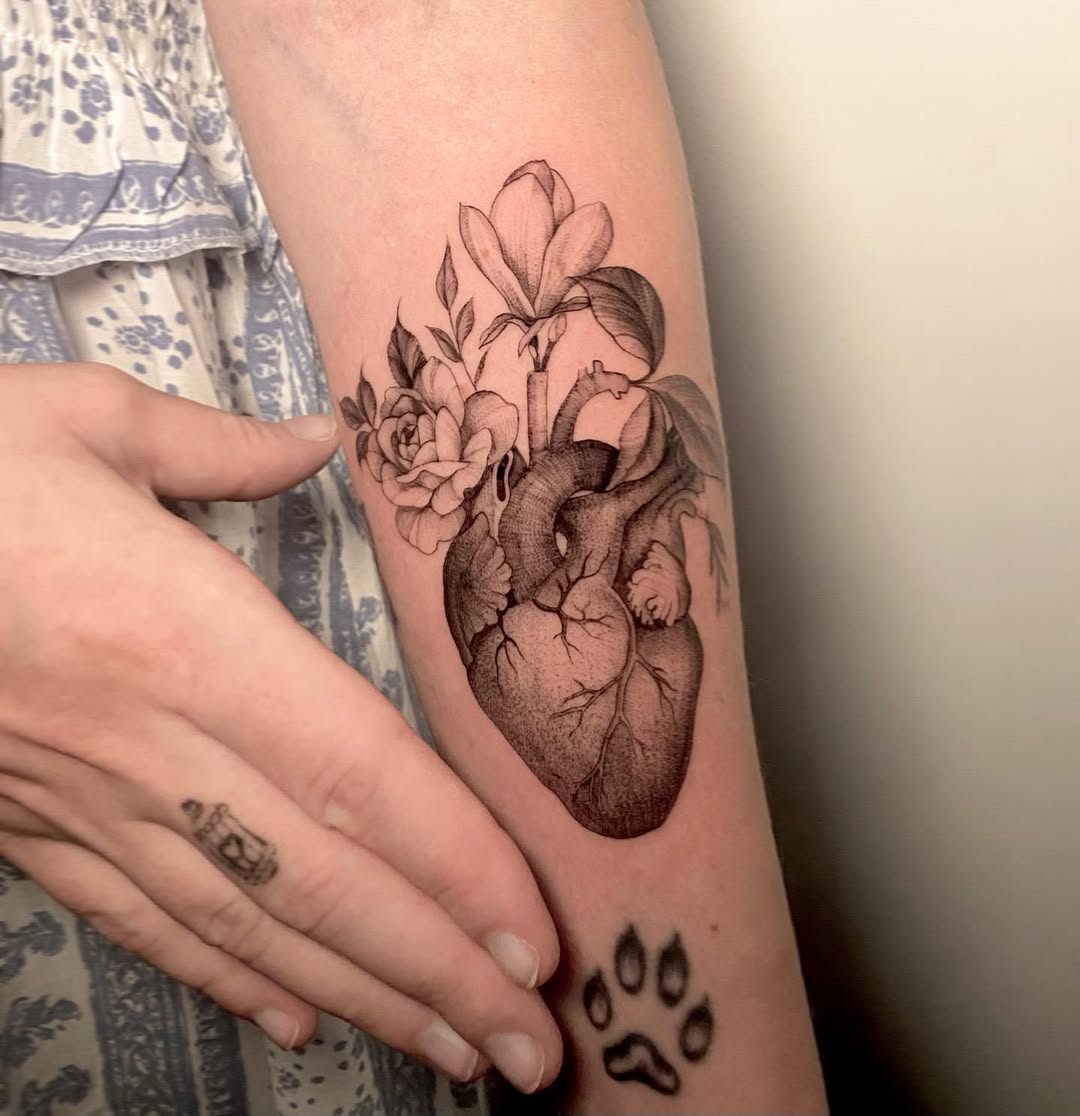 Florally Adorned Anatomical Heart Tattoo