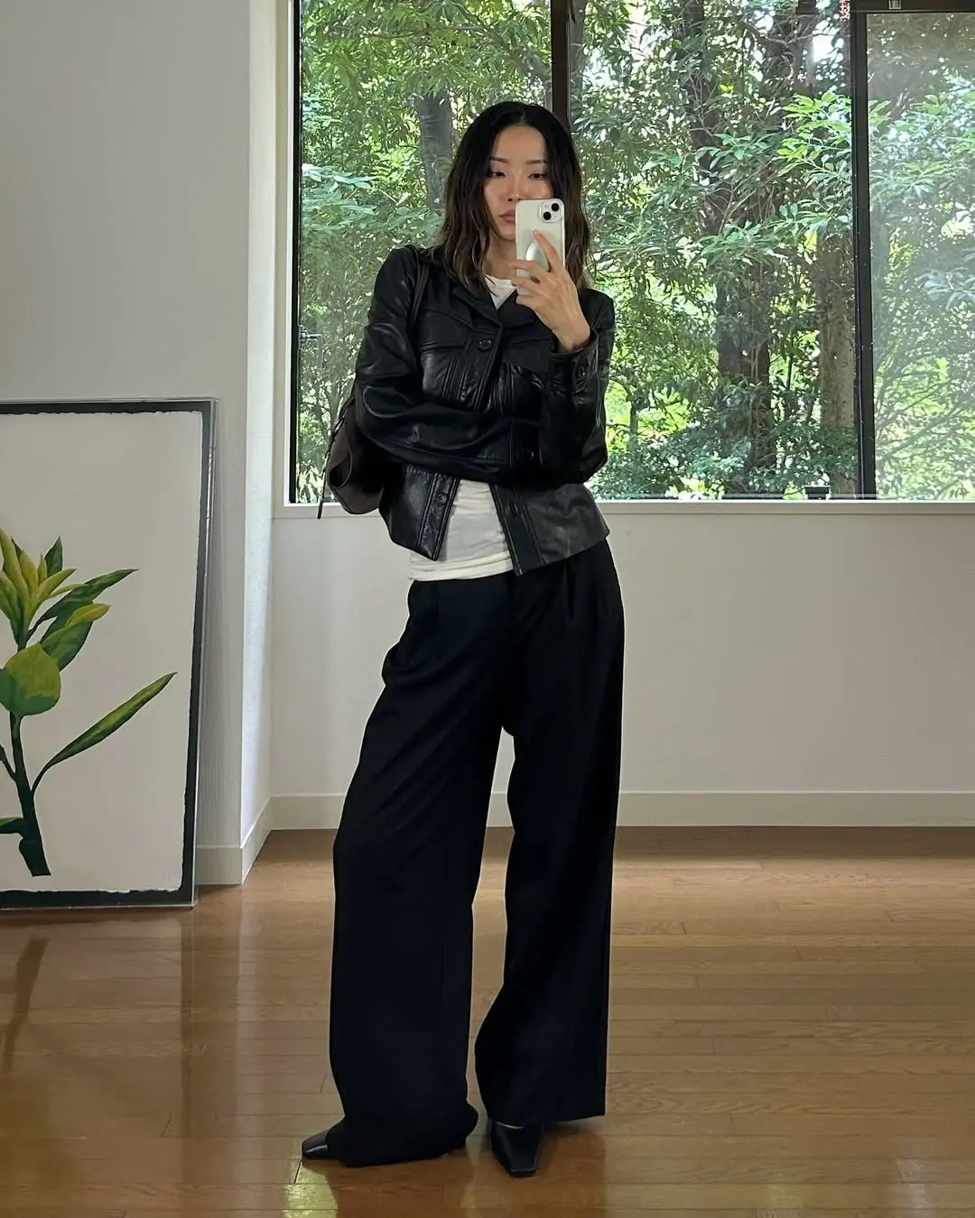 Chic Leather Jacket with Wide-Leg Trousers