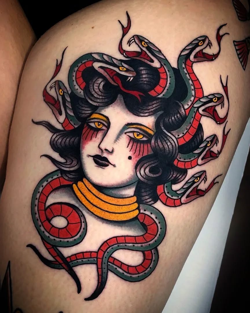 Striking Medusa Tattoo with Colorful Snakes