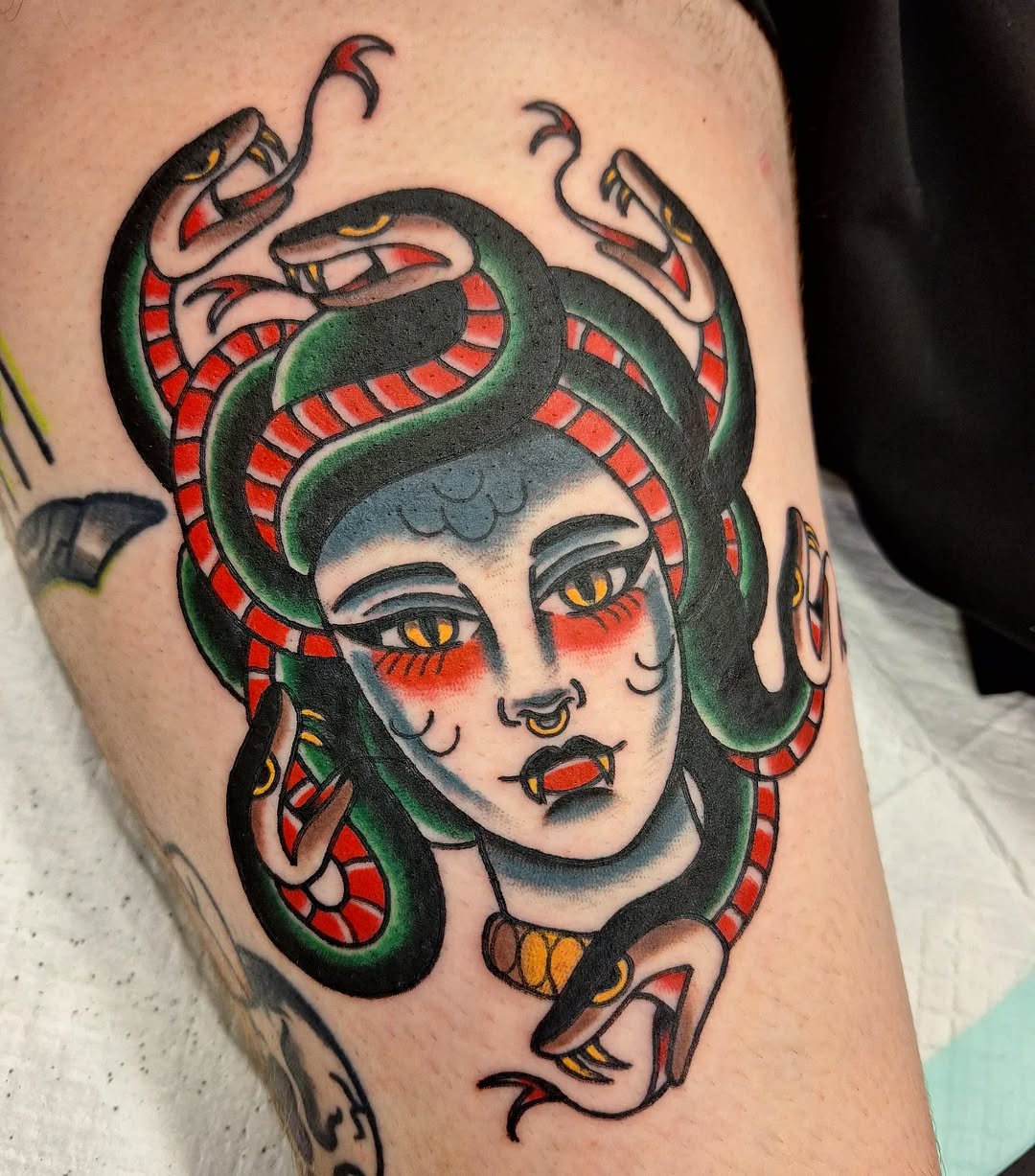 Vibrant Medusa Tattoo with Snakes and Bold Colors