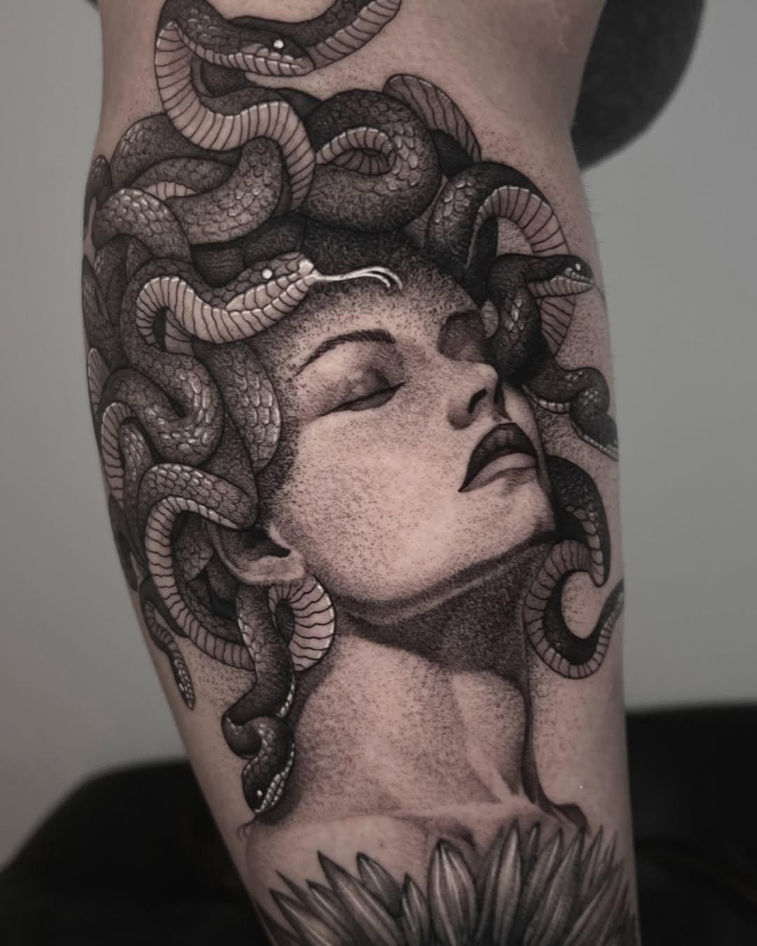 Striking Medusa Tattoo with Intricate Snake Details