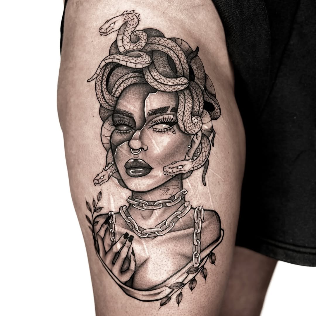 Striking Medusa Tattoo with Serpent Details