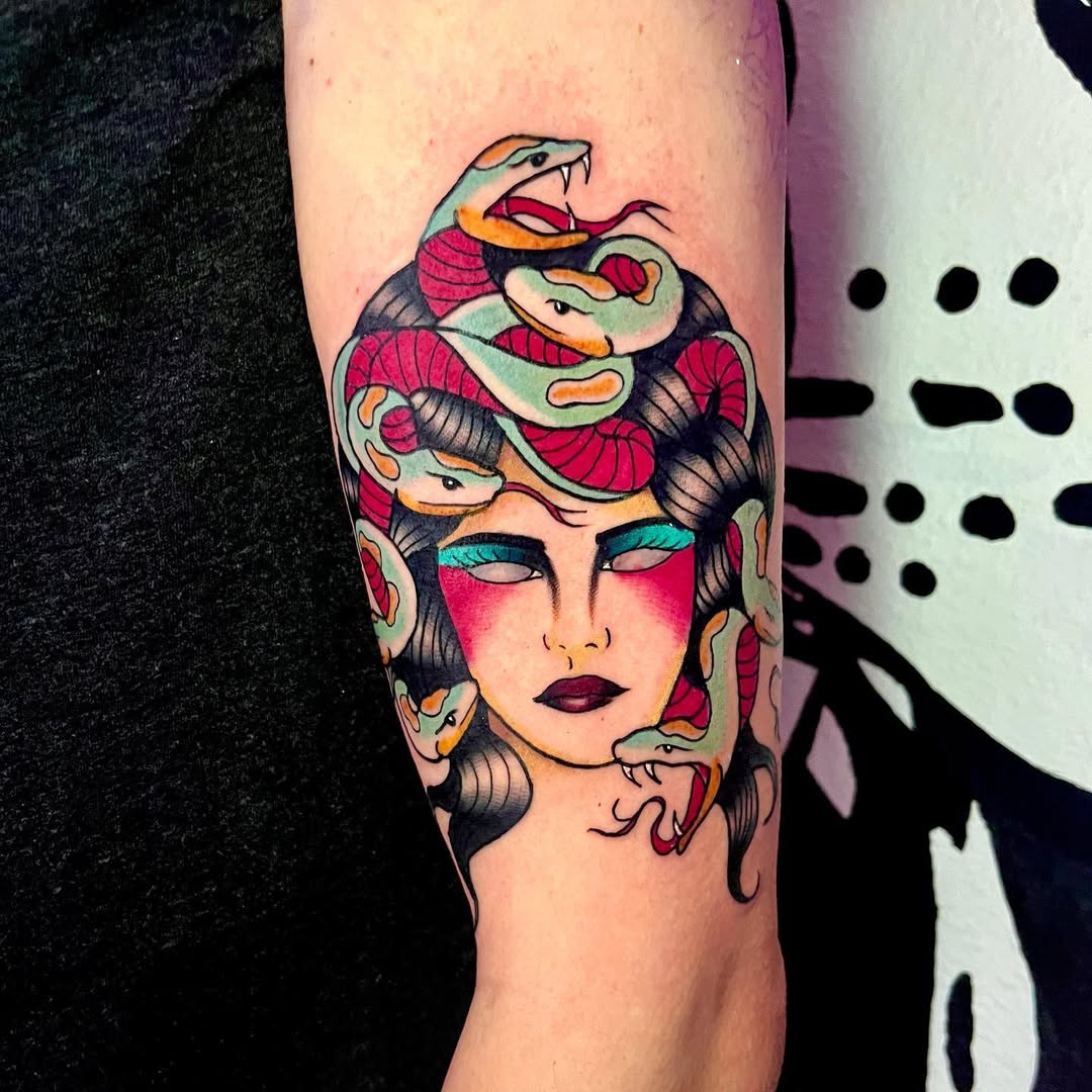 Striking Medusa Tattoo with Colorful Snakes