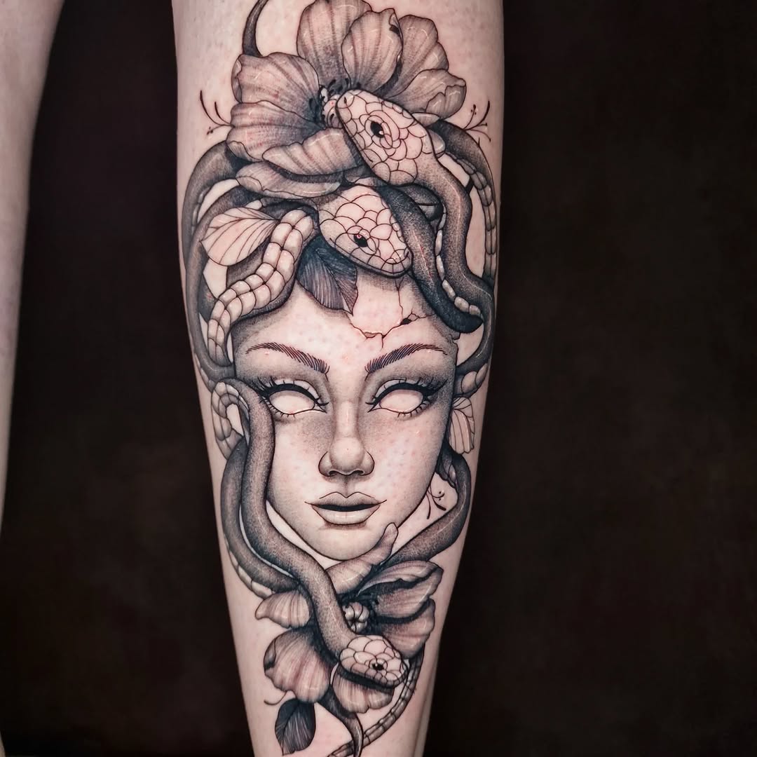 Intricate Medusa Tattoo with Floral Elements