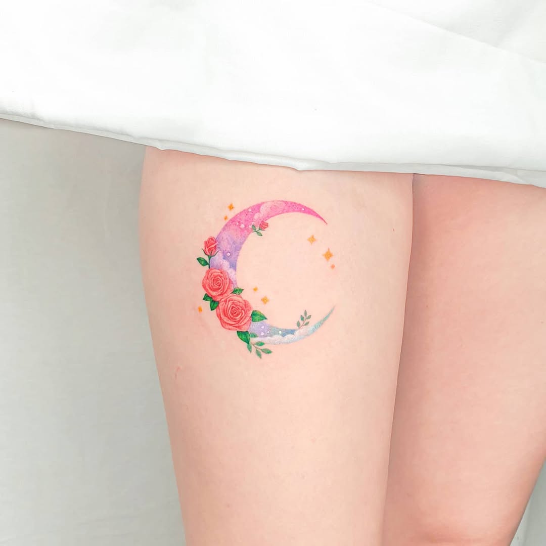 Colorful moon tattoo adorned with roses