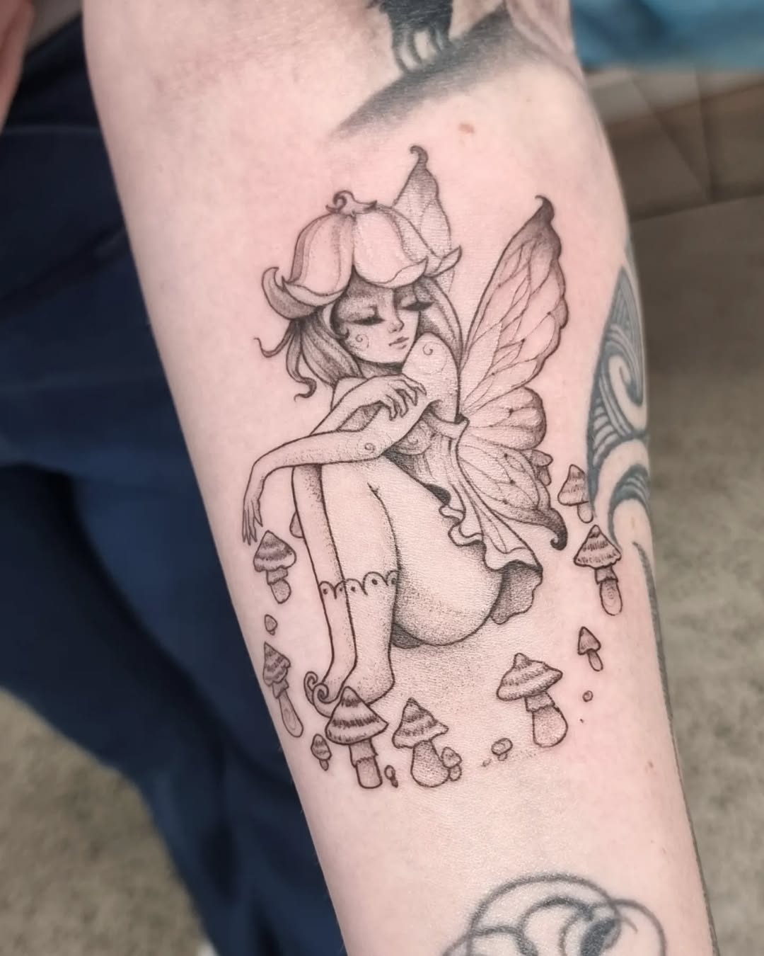 Whimsical fairy with mushroom companions design