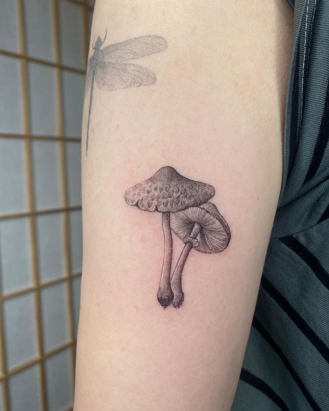 Intricate Mushroom Tattoo with Dragonfly Detail