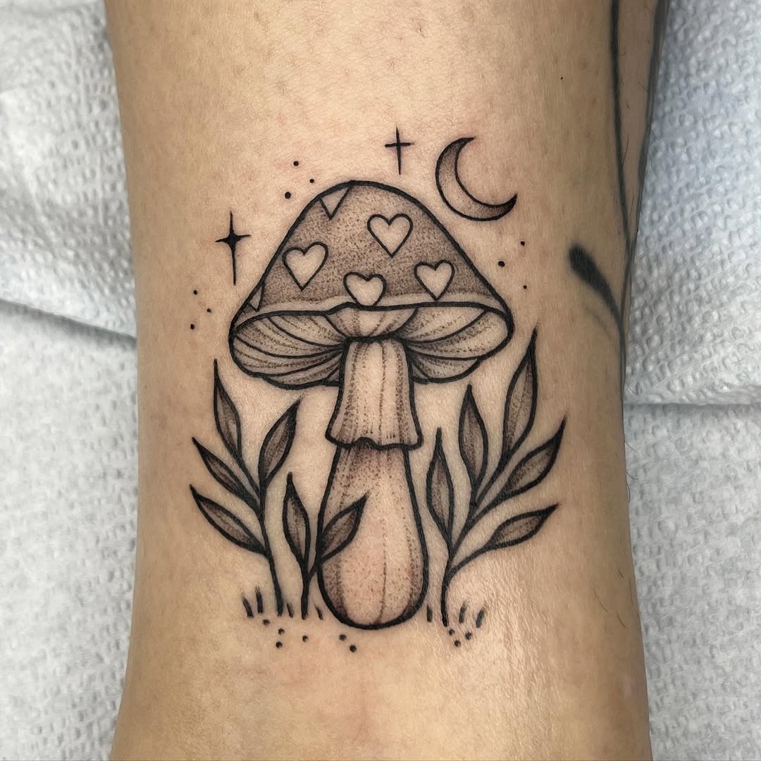 Charming mushroom tattoo with celestial elements