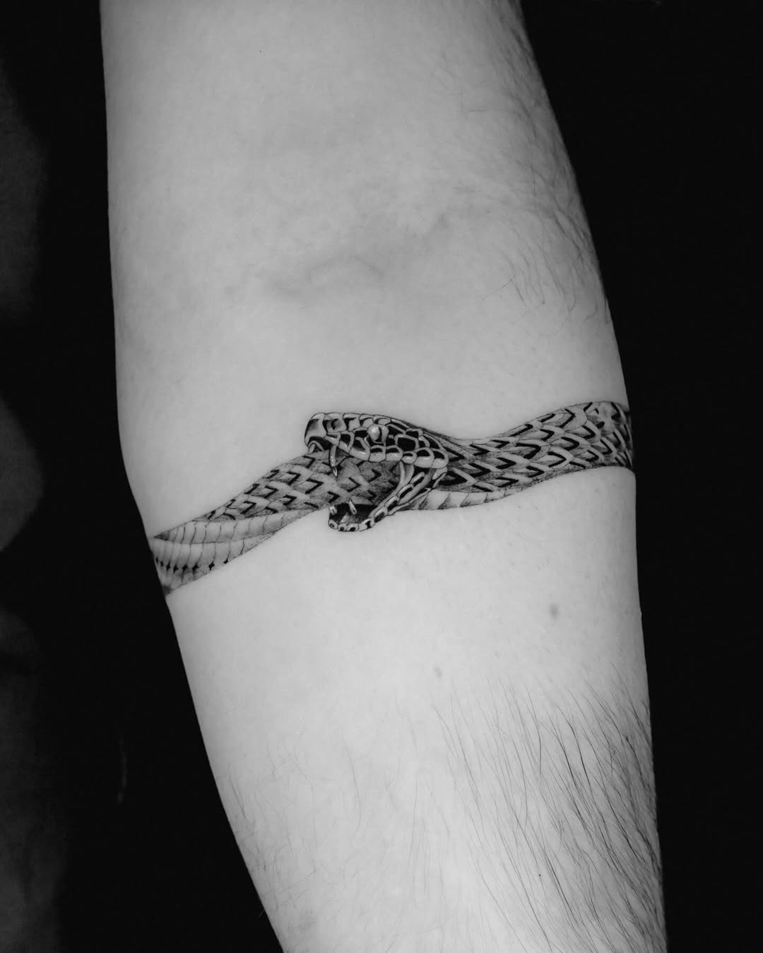 Intricate ouroboros tattoo wrapped around arm