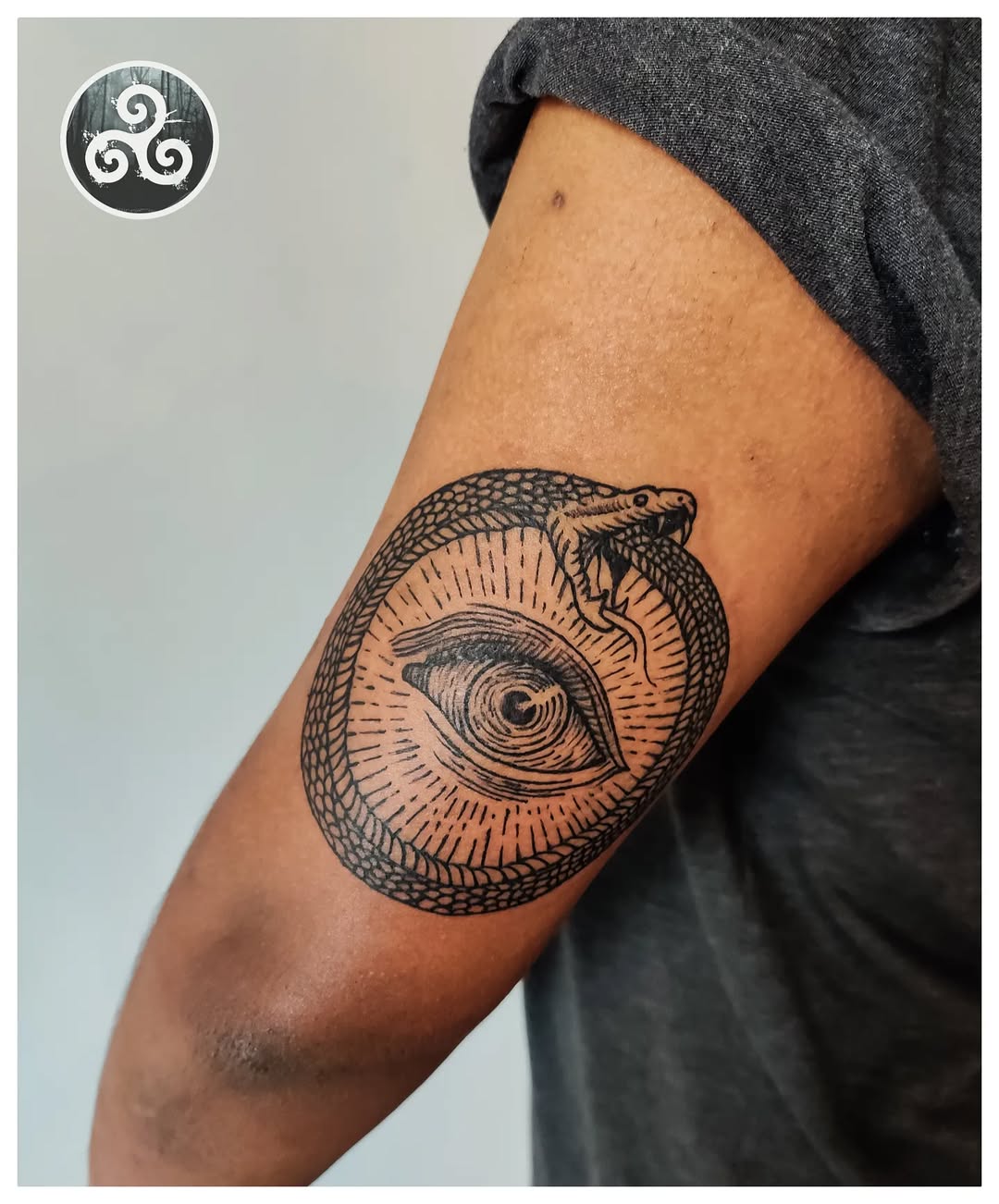 Intricate ouroboros tattoo with eye detail