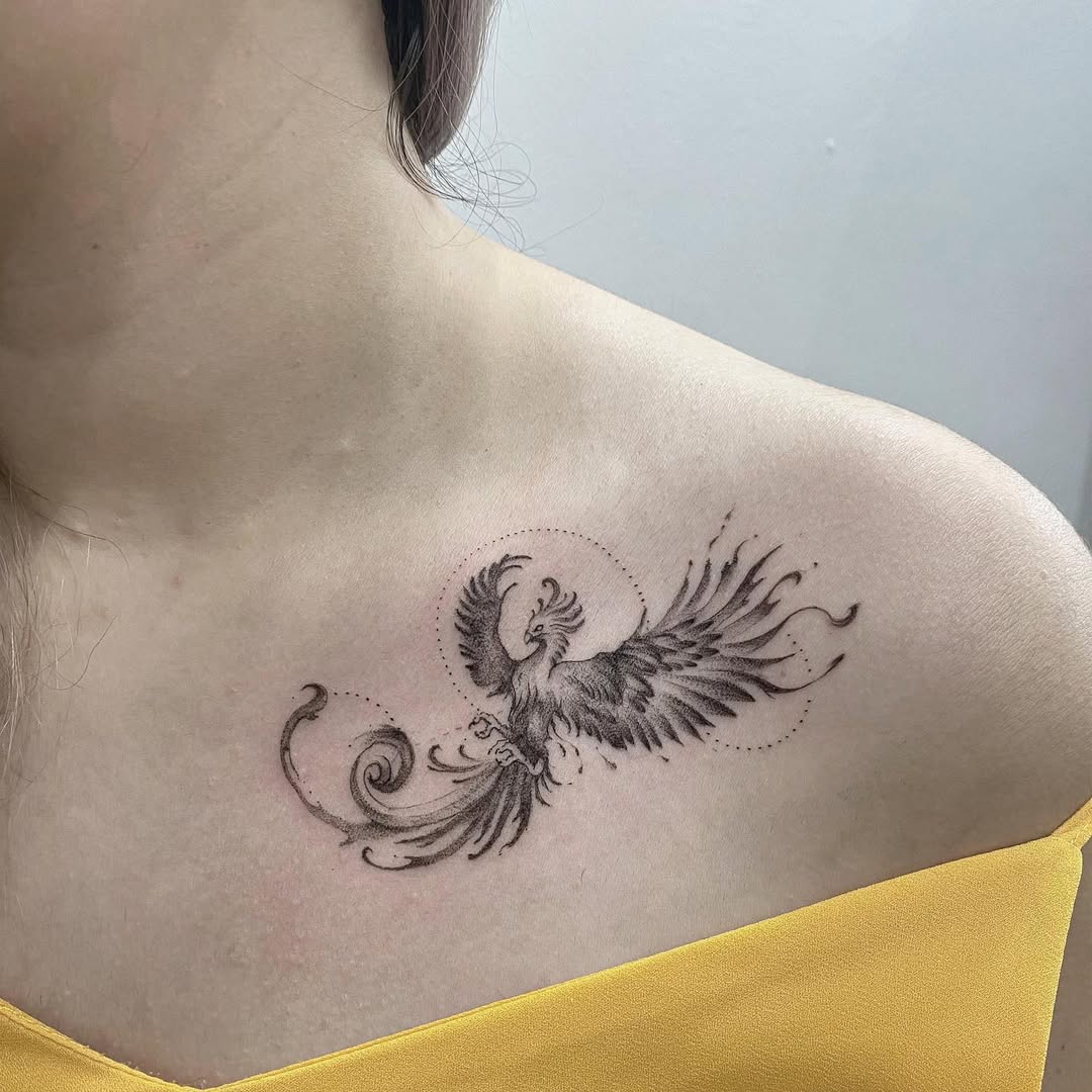 Elegant phoenix tattoo on shoulder showcases beauty