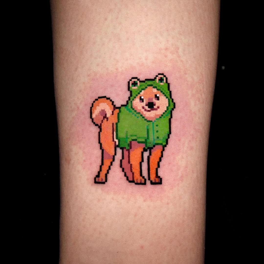 Whimsical pixel art dog tattoo design