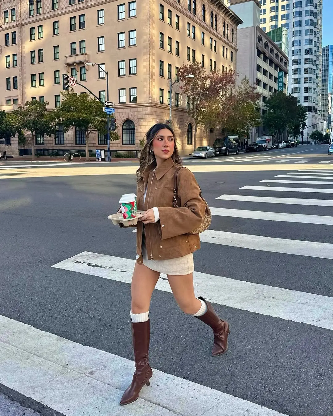 Chic urban ensemble with eye-catching red boots