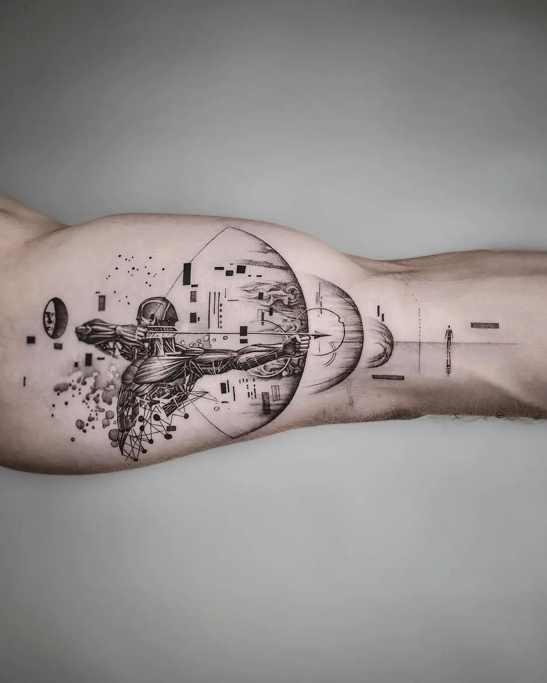 Stunning Sagittarius cosmic tattoo with intricate design