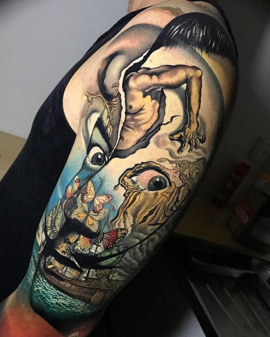 Intricate Salvador Dali-inspired full sleeve tattoo