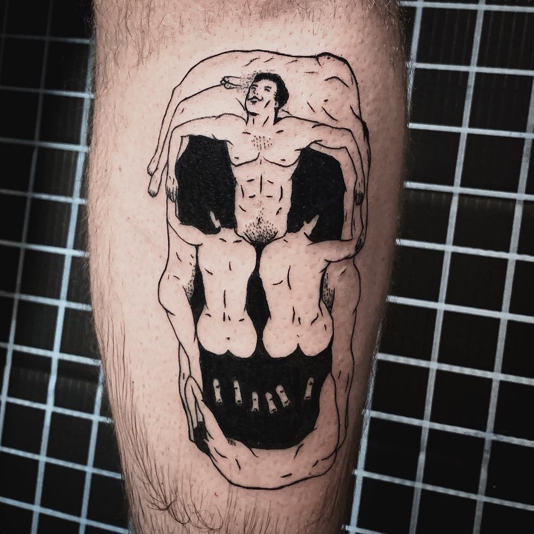 Intricate Salvador Dali-inspired skull tattoo design