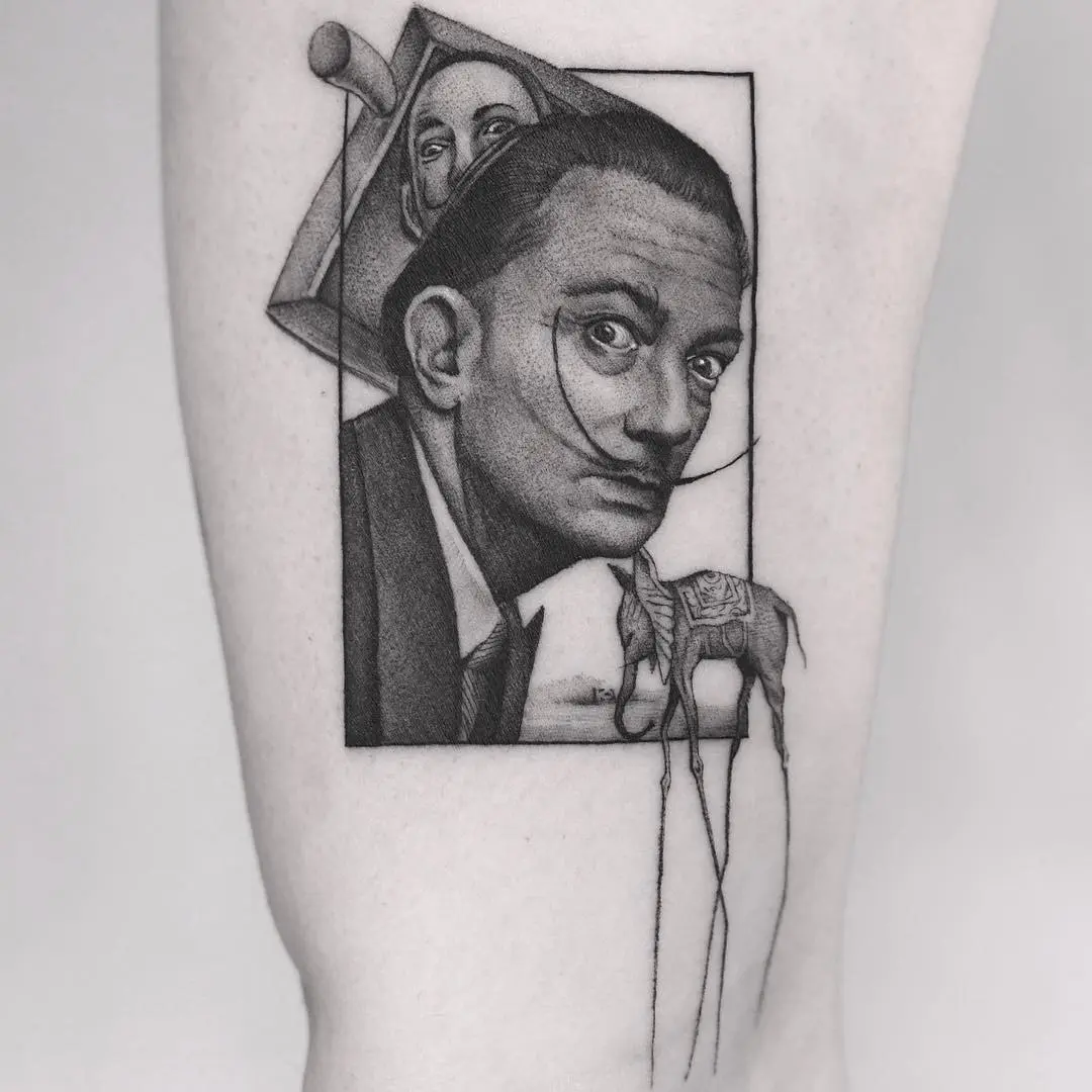 Intricate Salvador Dali portrait inked on skin
