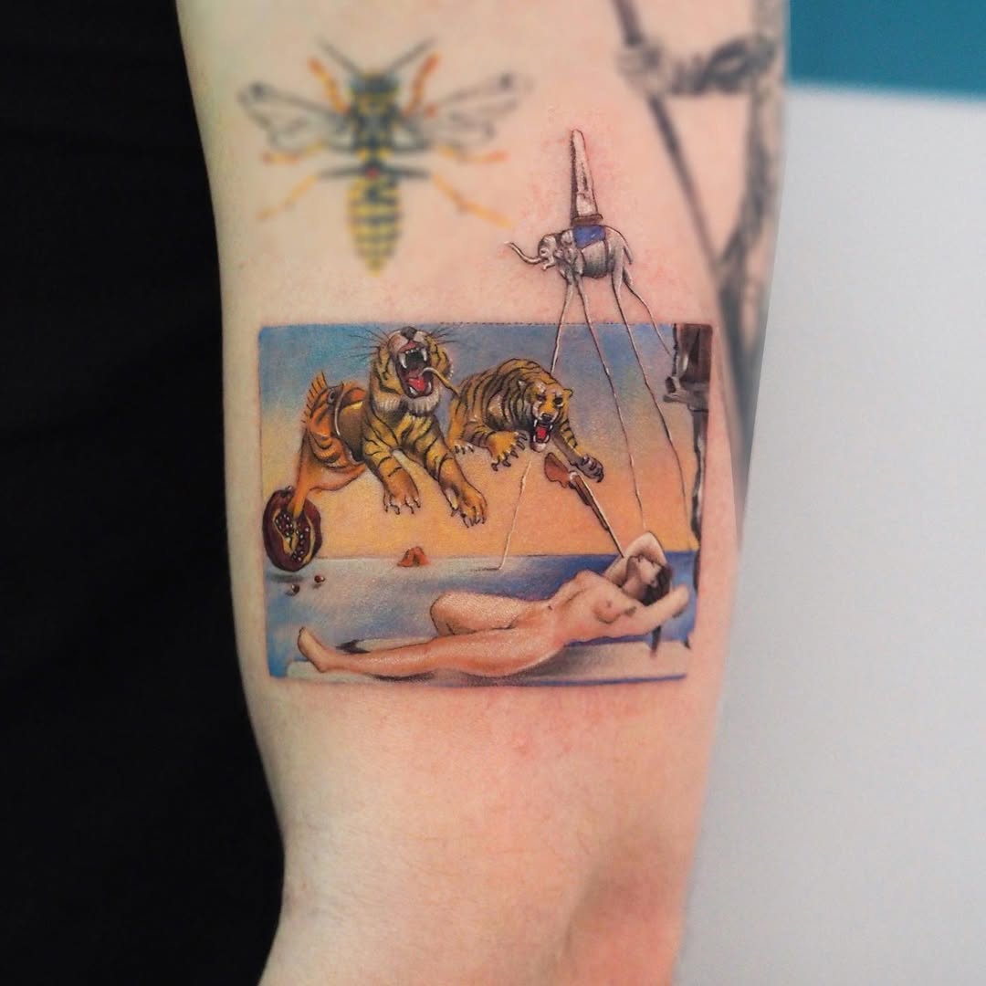 Surreal Dali-inspired tattoo with tigers