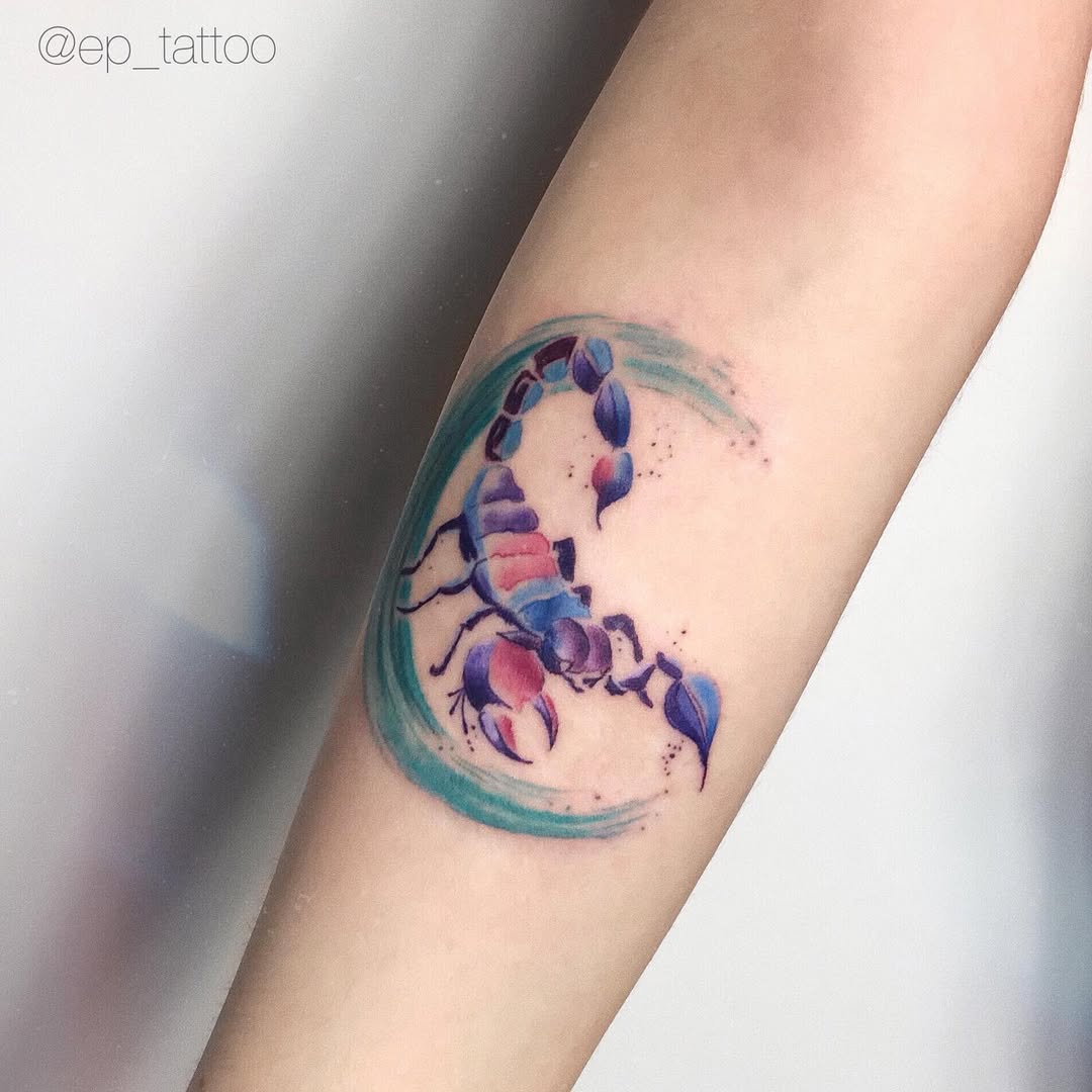 Vibrant scorpion tattoo with flowing waves