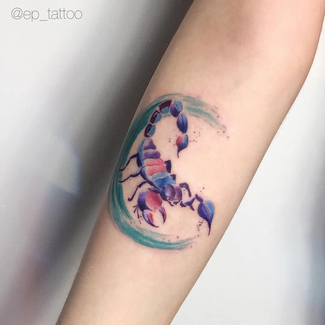 Vibrant scorpion tattoo with flowing waves
