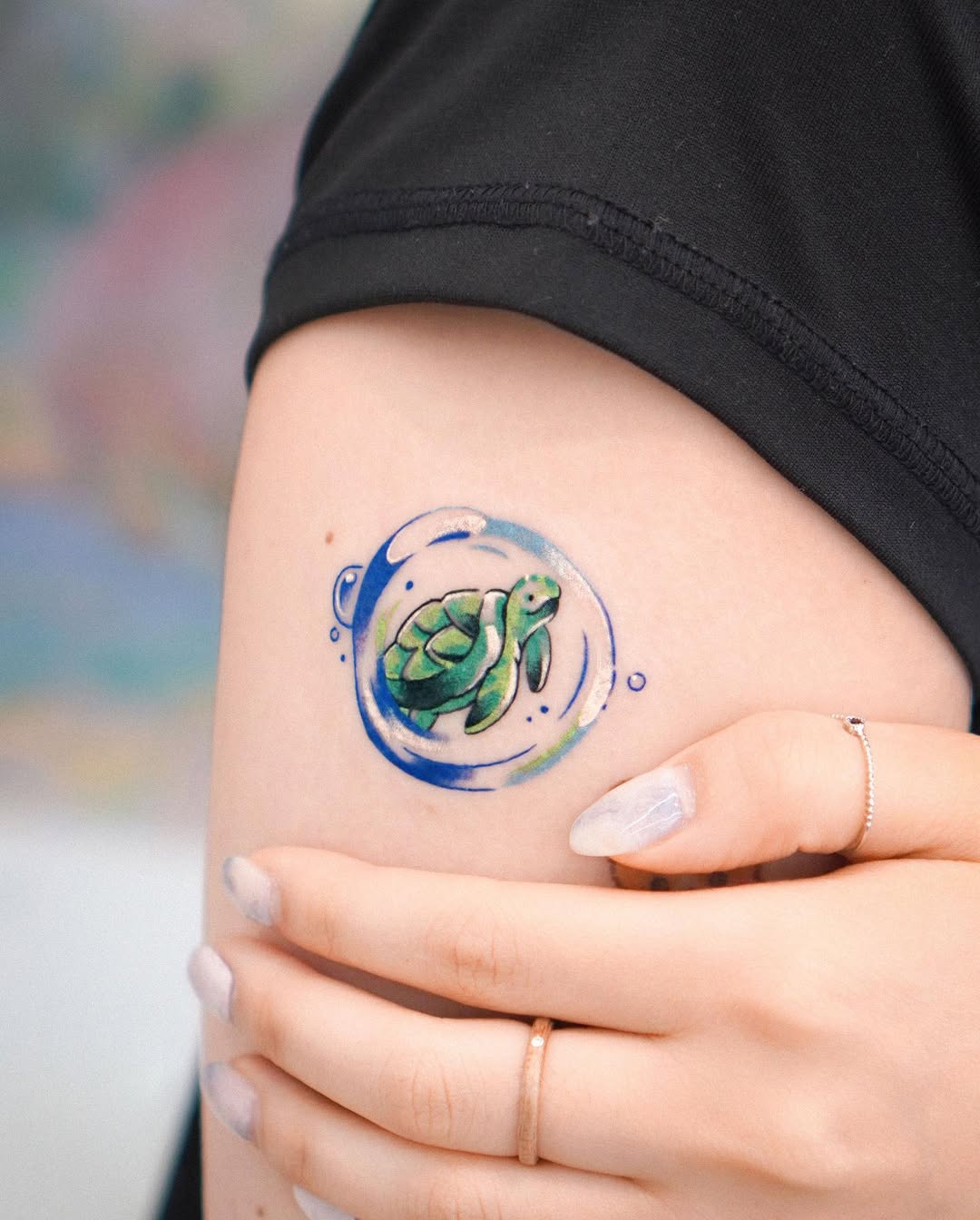 Vibrant watercolor turtle tattoo with ocean vibes