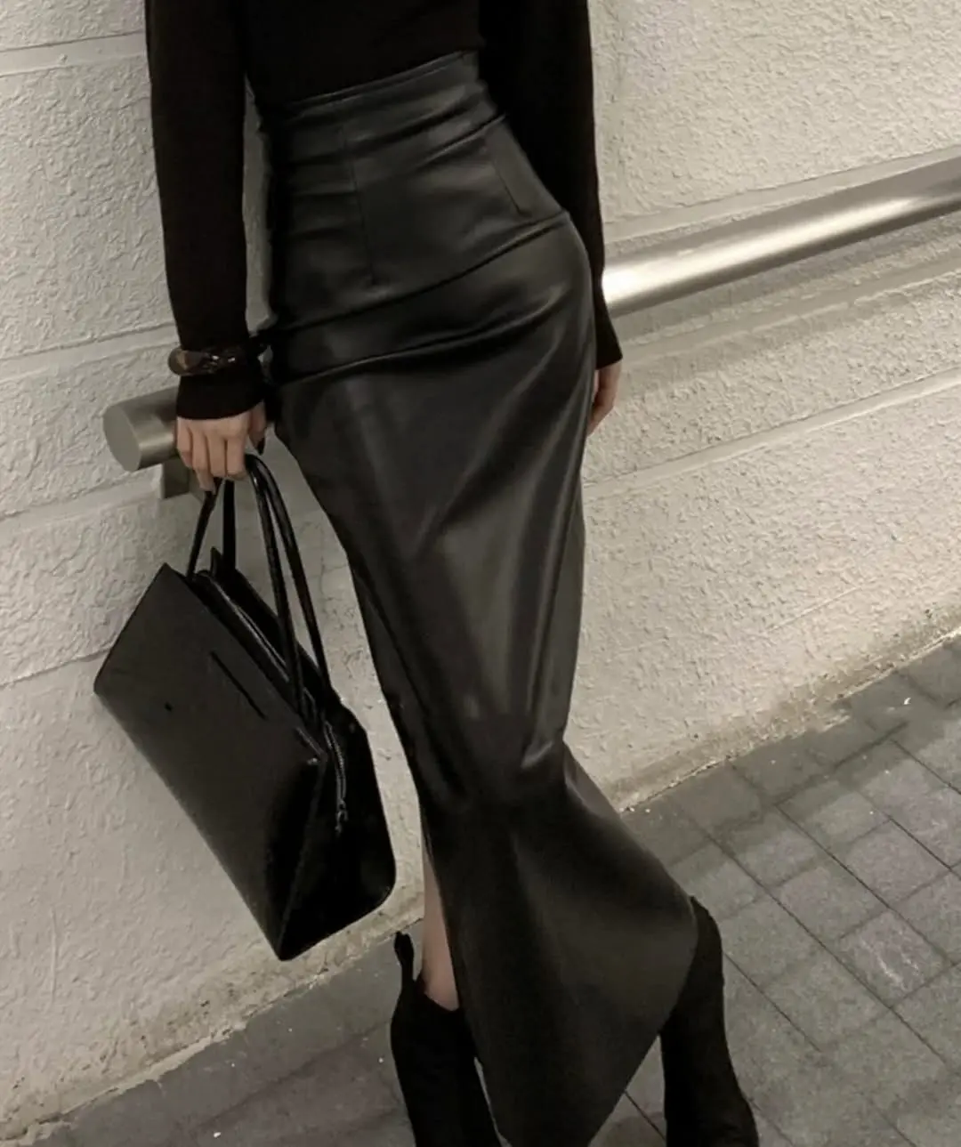 Chic black leather skirt ensemble for fall
