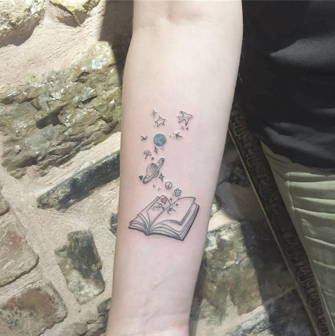 Whimsical Book Tattoo with Travel Themes