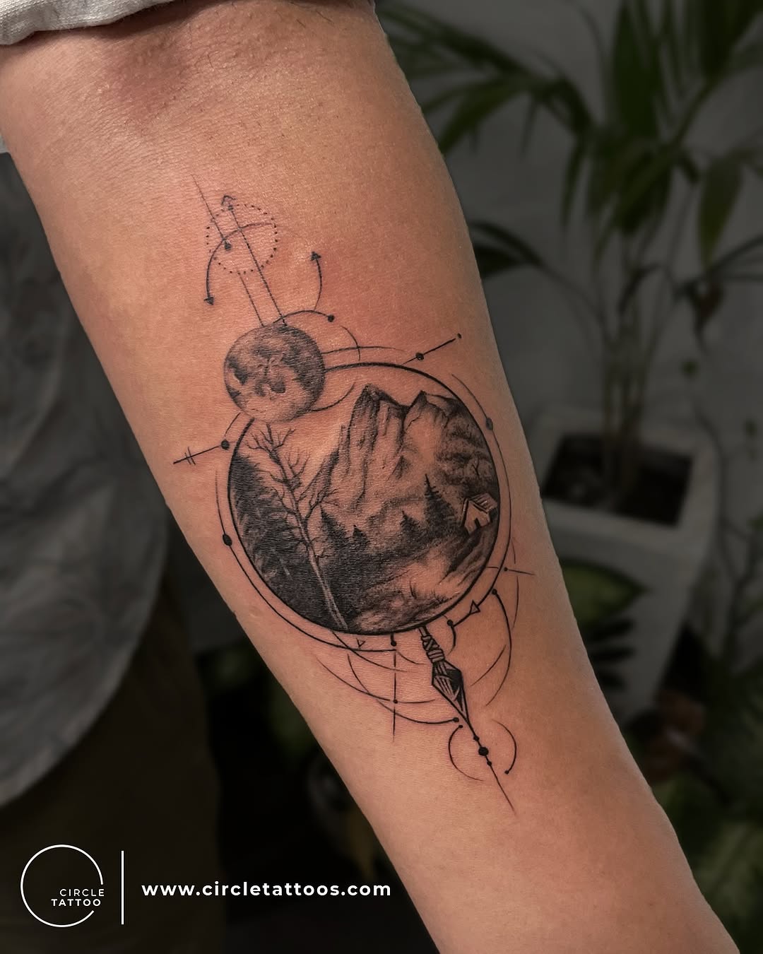 Stunning mountain compass tattoo design