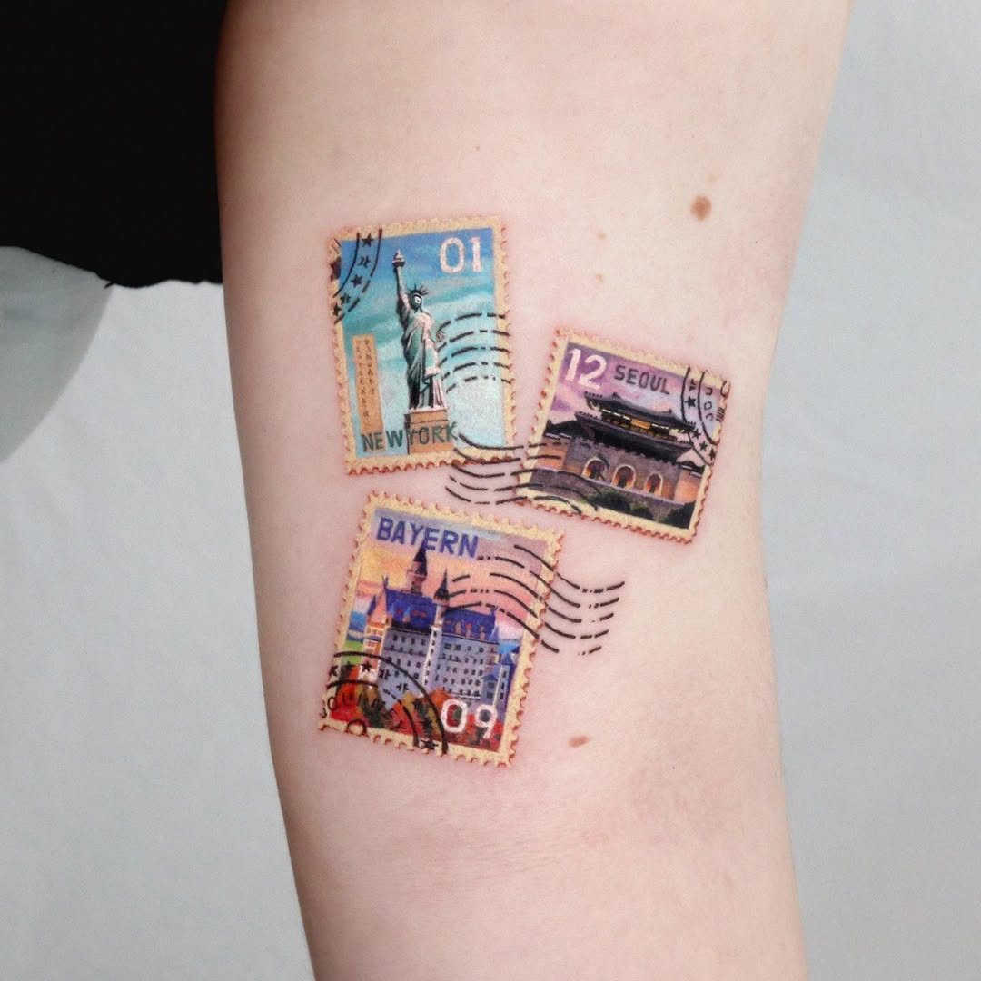 Unique tattoo stamps celebrating world travels