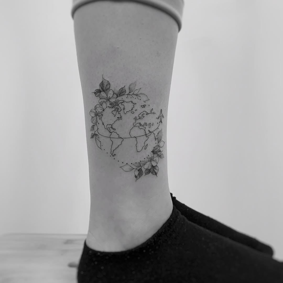 Elegant globe tattoo with floral accents