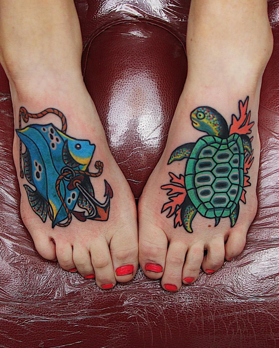 Charming Turtle and Fish Foot Tattoos