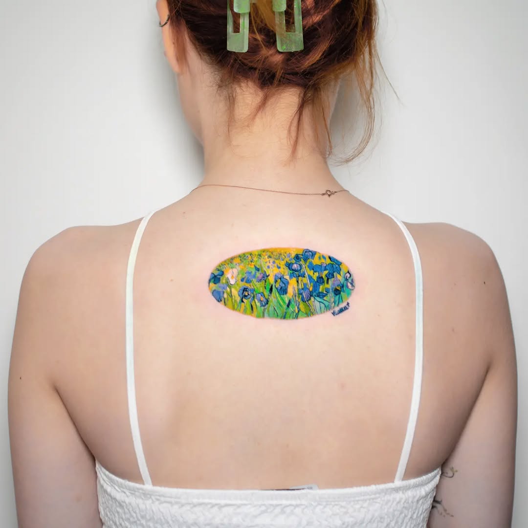 Stunning Van Gogh Irises tattoo on back