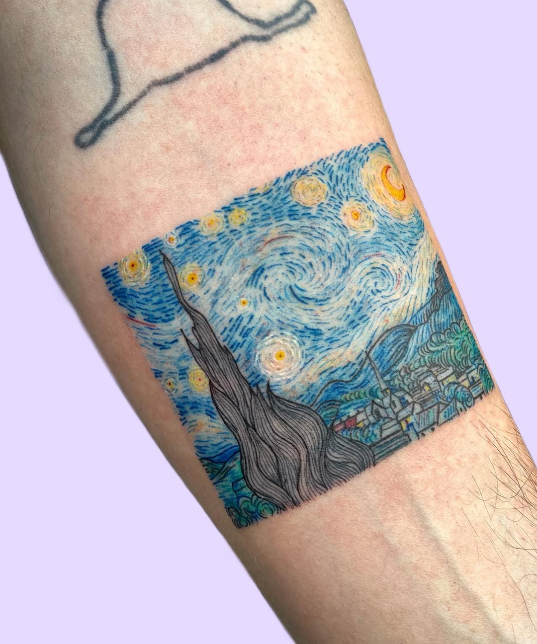 Bold Starry Night tattoo in vibrant colors