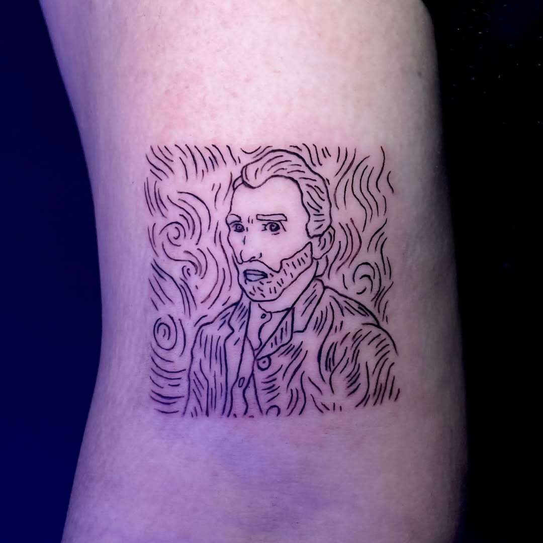 Intricate line art Van Gogh self-portrait tattoo