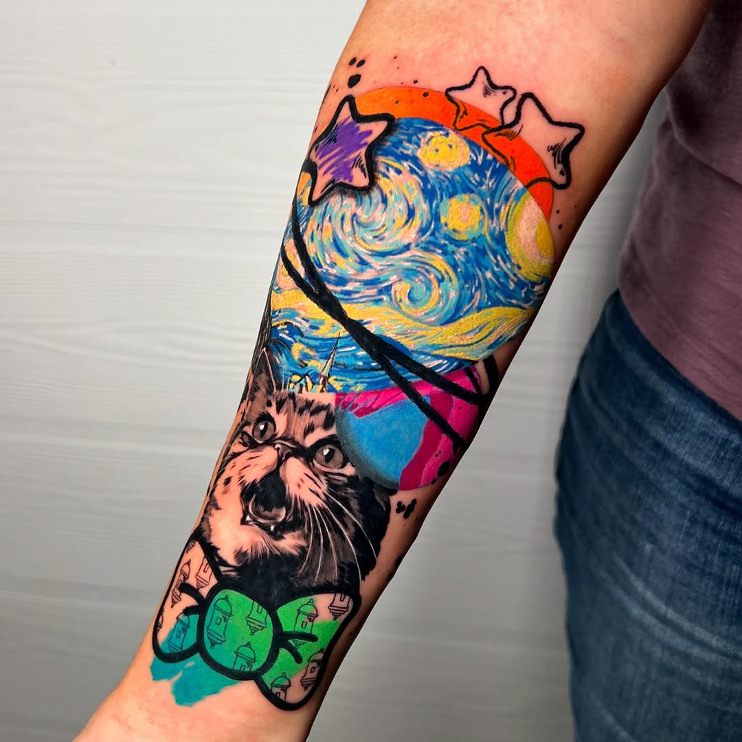 Whimsical Van Gogh-Inspired Cat Tattoo