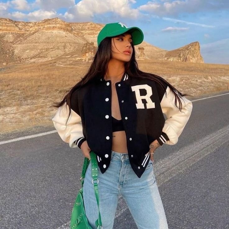 Chic varsity jacket meets sporty casual vibes