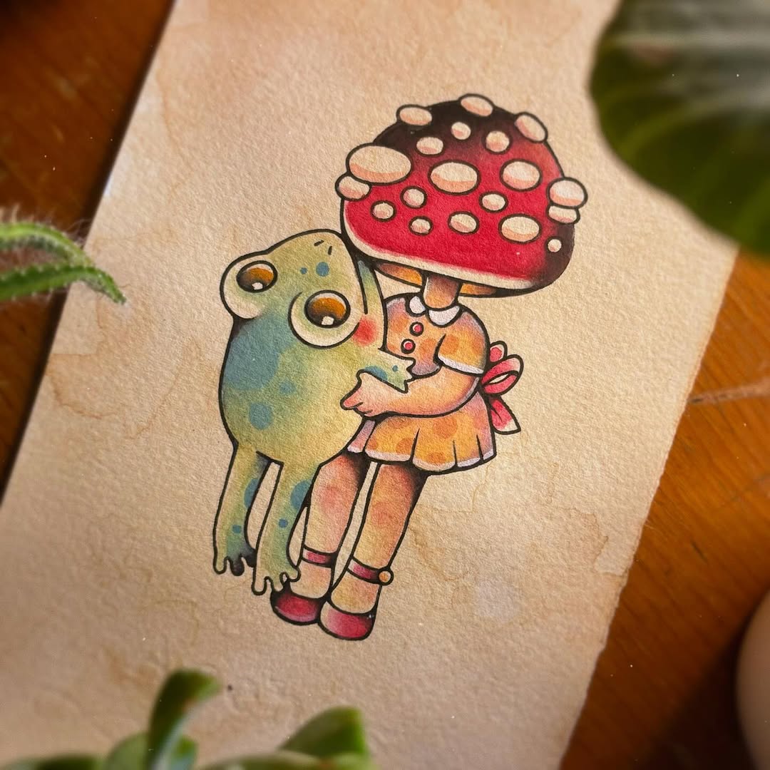 Playful Mushroom-Frog Tattoo in Bright Colors