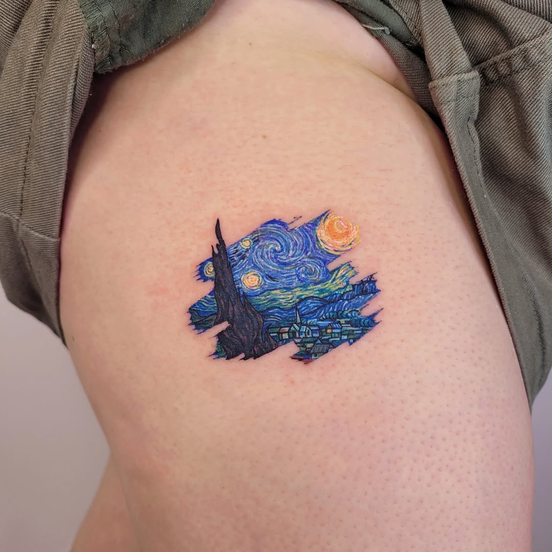 Stunning Starry Night Tattoo on Thigh