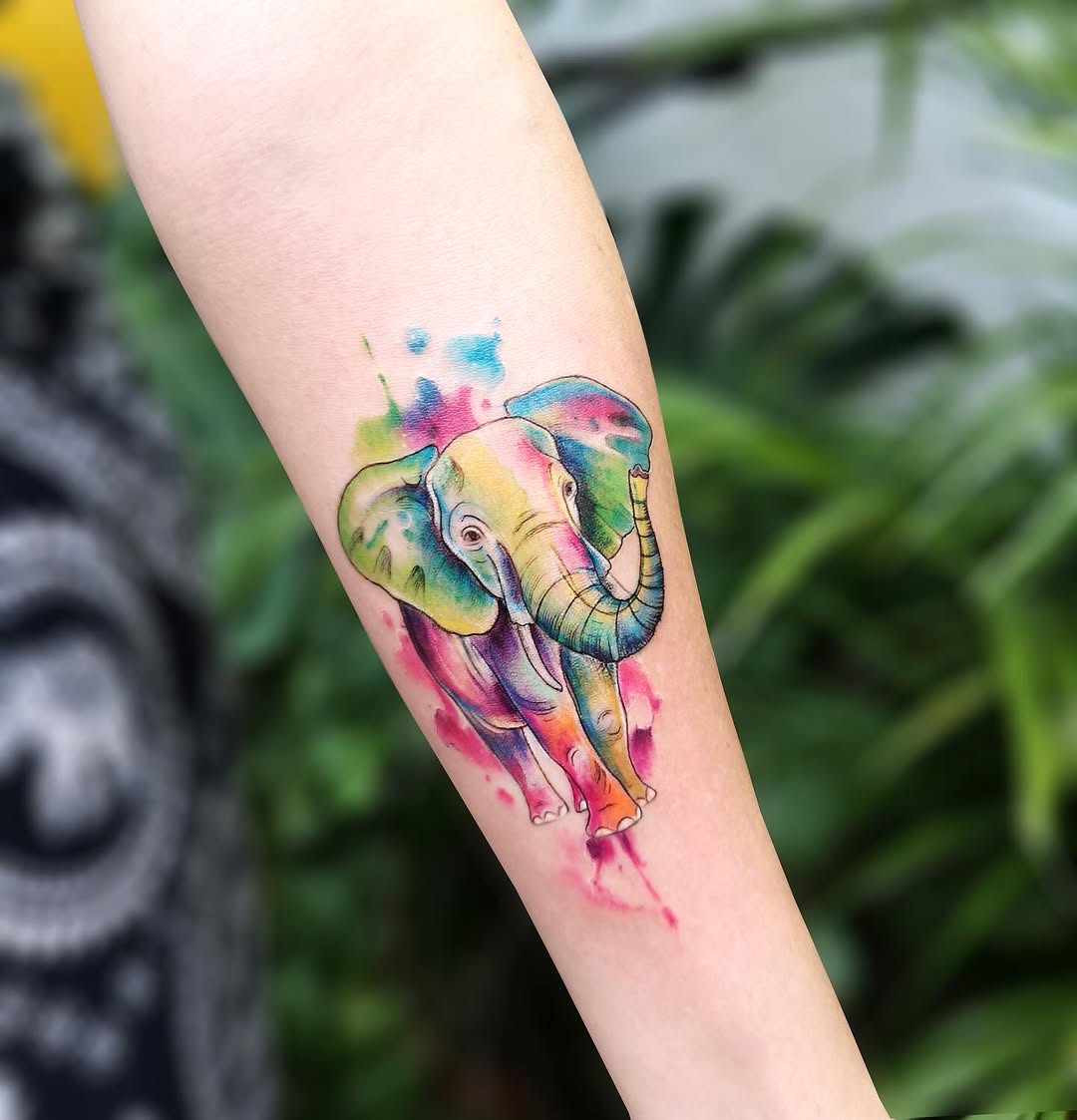 Vibrant watercolor elephant tattoo design