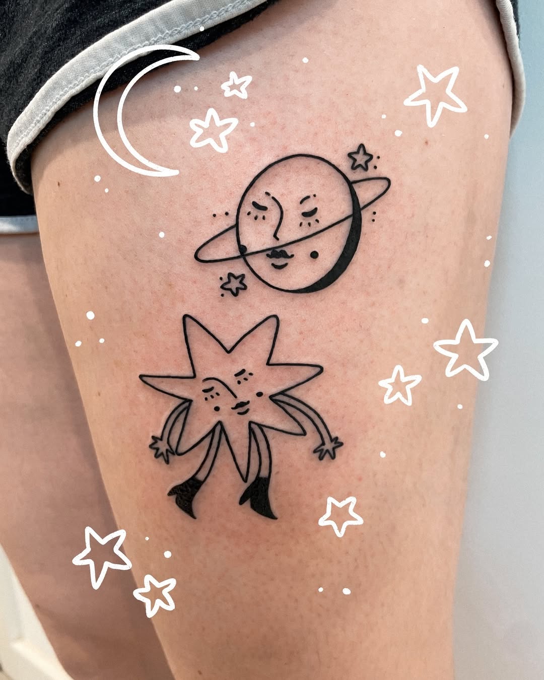 Charming cosmic-themed stars and moon tattoos